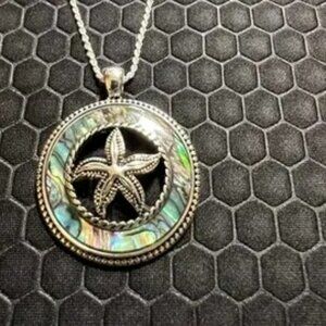 Star Fish Necklace with Green Abalone Stones 18K White Gold Plated